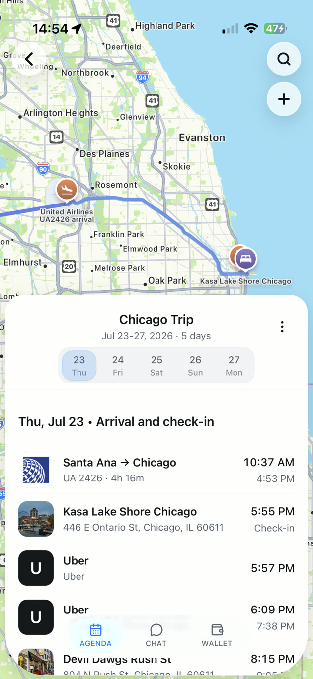 Chicago trip with a map, flight arrival, hotel check-in, and a daily itinerary