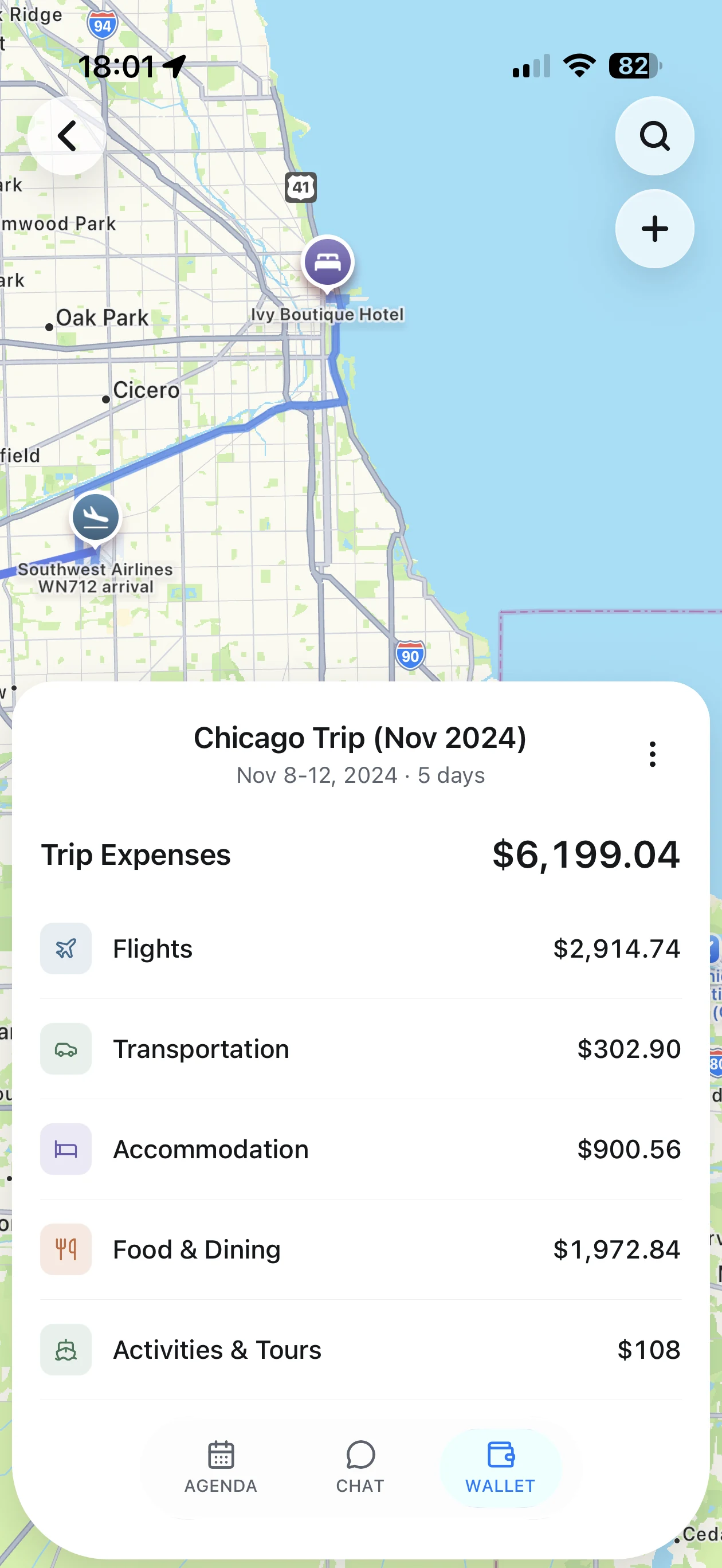 Chicago trip expenses with a total and categories for flights, transportation, accommodation, dining, and activities
